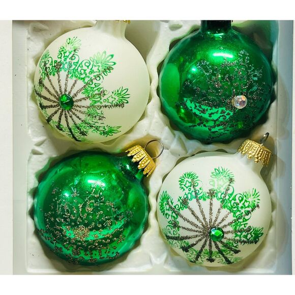 Kurt Adler Other - Vintage Kurt Adler Christmas Ornaments Green White Glitter Set of 4 West German